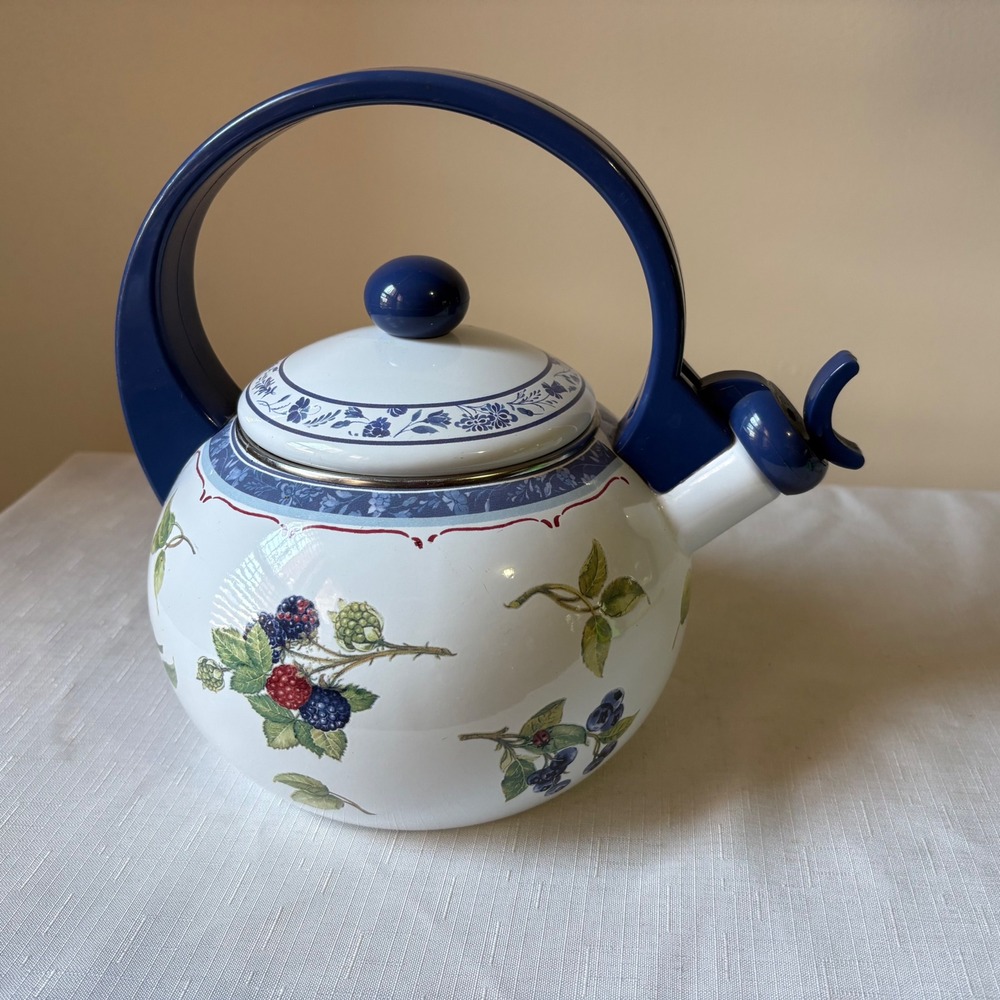 Villeroy & Boch Switch 3 Enamel Tea Kettle Whistling Stovetop Berries Blue White